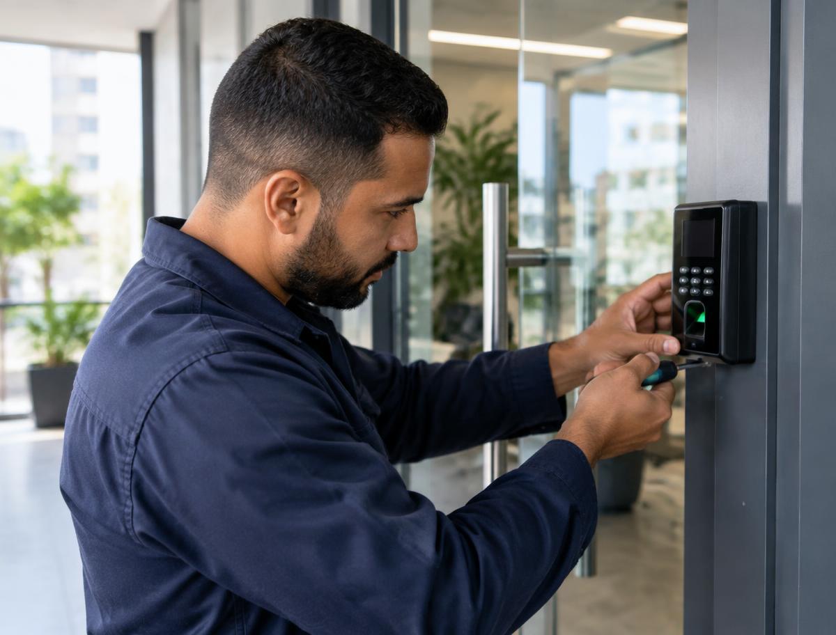 Técnico instalando um sistema de controle de acesso